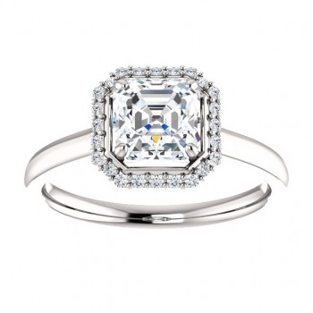 14k Gold CZ Cubic Zirconia Halo Style Asscher Cut Solitaire Engagement Ring