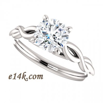 14k Gold "Tulip" Round Brilliant CZ Cubic Zirconia Solitaire Engagement Ring w/ Matching Wedding Band