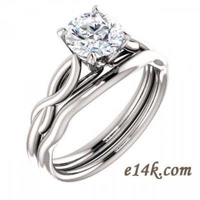 14k Gold "Tulip" Round Brilliant CZ Cubic Zirconia Solitaire Engagement Ring w/ Matching Wedding Band