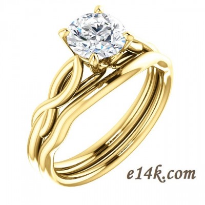 14k Gold "Tulip" Round Brilliant CZ Cubic Zirconia Solitaire Engagement Ring w/ Matching Wedding Band