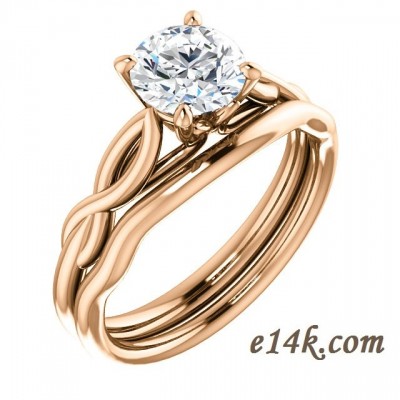 14k Gold "Tulip" Round Brilliant CZ Cubic Zirconia Solitaire Engagement Ring w/ Matching Wedding Band