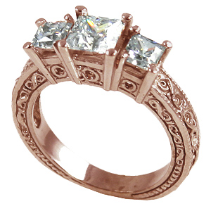 14k Rose Gold 2 ctw 3 Stone Antique Princess CZ Cubic Zirconia Ring 14k Rose Gold 2 ctw 3 Stone Antique Princess CZ Cubic Zirconia Ring - Product Image