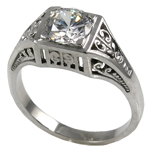 14k Gold 1ct CZ Cubic Zirconia Antique/Deco style solitaire ring - Product Image