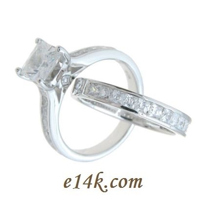 1ct Center Princess Cut Cubic Zirconia Sterling Silver Cathedral Style Engagement Ring &amp; CZ Wedding Band