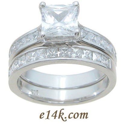 1ct Center Princess Cut Cubic Zirconia Sterling Silver Cathedral Style Engagement Ring &amp; CZ Wedding Band