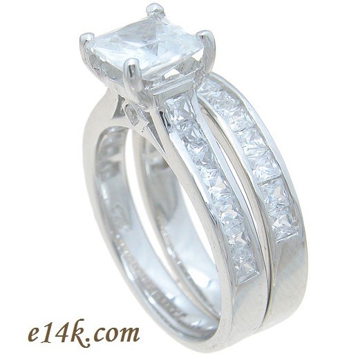 1ct Center Princess Cut Cubic Zirconia Sterling Silver Cathedral Style Engagement Ring &amp; CZ Wedding Band