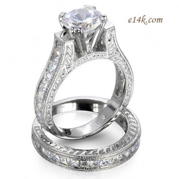 1ct Sterling Silver Antique CZ Cubic Zirconia Cathedral Style Engagement Ring / Wedding Set