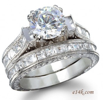 1ct Sterling Silver Antique CZ Cubic Zirconia Cathedral Style Engagement Ring / Wedding Set