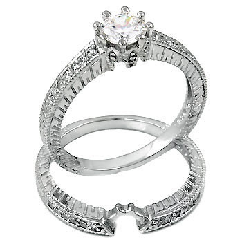 1ct Sterling Silver Antique Style Round CZ Cubic Zirconia Engagement Ring / Wedding Set