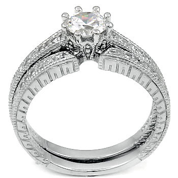 1ct Sterling Silver Antique Style Round CZ Cubic Zirconia Engagement Ring / Wedding Set