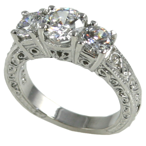 14k Gold 2 ctw 3 Stone Antique/Deco CZ Cubic Zirconia Ring