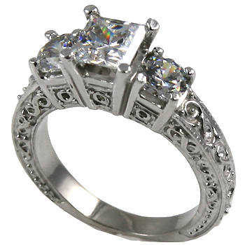 14k Gold 2 ctw 3 Stone Antique Princess/Round Cubic Zirconia Ring
