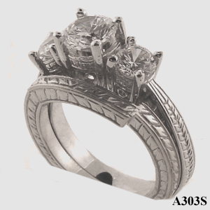 14k Gold 3 Stone Antique style Wedding Set CZ Cubic Zirconia Ring