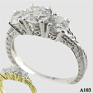 Sterling Silver 3 Stone Antique/Deco style CZ Cubic Zirconia Ring