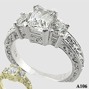 Sterling Silver 3 Stone Antique/Deco Emerald Cut CZ Cubic Zirconia Ring
