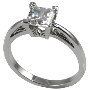 14k Gold Russian CZ Cubic Zirconia Princess Cut Antique/Scroll Solitaire Ring
