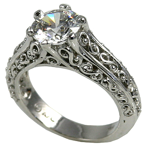 Sterling Silver Antique/Filigree Solitaire CZ Cubic Zirconia Ring - Product Image