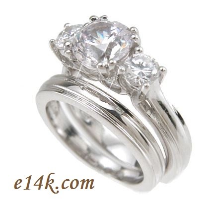 Sterling Silver Round Brilliant Cut Russian CZ Three Stone Engagement Ring &amp; Wedding Band Euro Shank