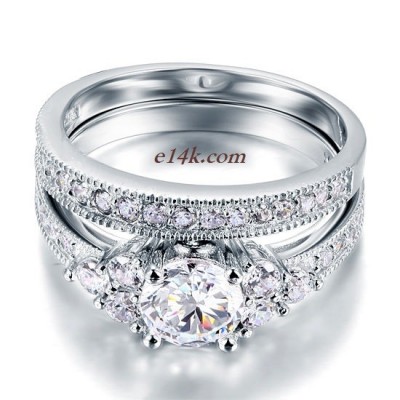 Sterling Silver Round Brilliant Antique Inspired Engagement ring with Matching Wedding Band