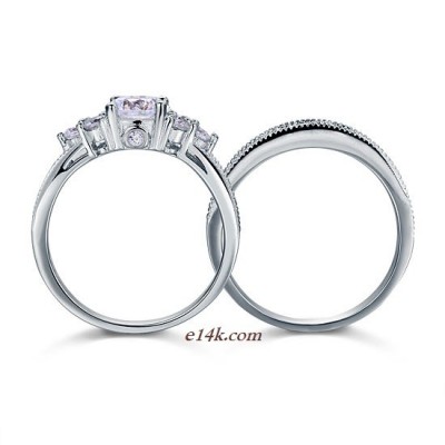 Sterling Silver Round Brilliant Antique Inspired Engagement ring with Matching Wedding Band