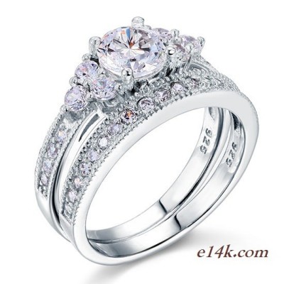 Sterling Silver Round Brilliant Antique Inspired Engagement ring with Matching Wedding Band