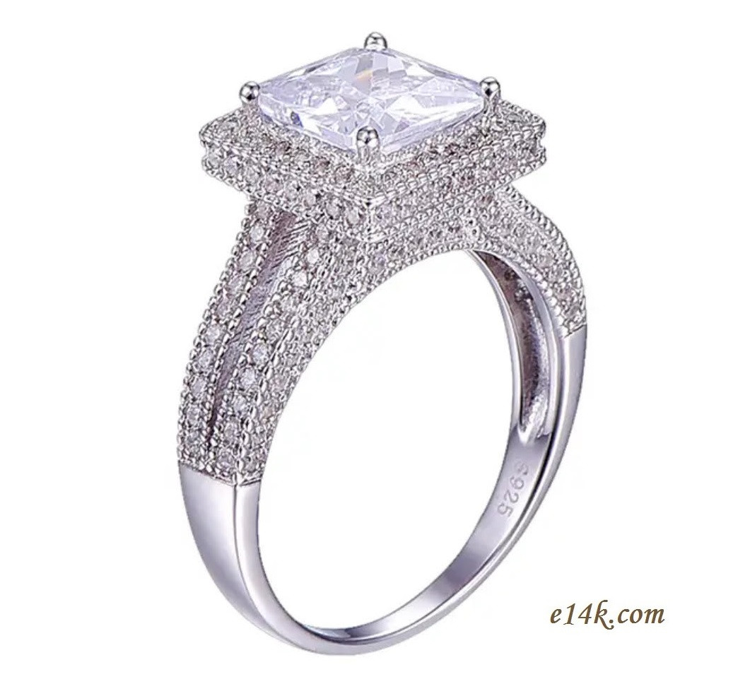 Sterling Silver Halo Style 2.75 cttw Princess &amp; Pave Set Pinpoint Round CZ Cubic Zirconia Engagement Ring