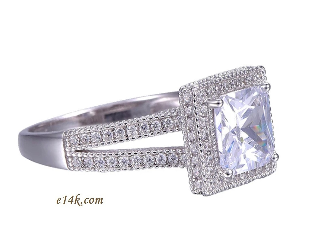 Sterling Silver Halo Style 2.75 cttw Princess &amp; Pave Set Pinpoint Round CZ Cubic Zirconia Engagement Ring