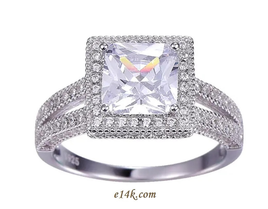 Sterling Silver Halo Style 2.75 cttw Princess &amp; Pave Set Pinpoint Round CZ Cubic Zirconia Engagement Ring