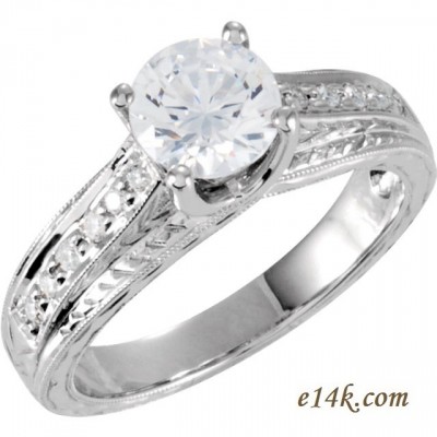 Solid 14k Gold 1ct Round Brilliant CZ Antique Style Hand Carved Engagement Ring    - Product Image