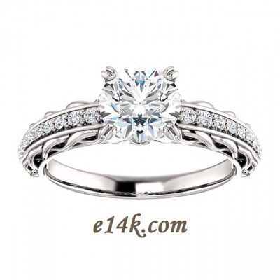 Solid 14k Gold Antique Inspired Filigree Style Round Brilliant Cut CZ Double Prong Engagement Ring