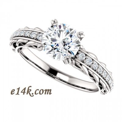 Solid 14k Gold Antique Inspired Filigree Style Round Brilliant Cut CZ Double Prong Engagement Ring
