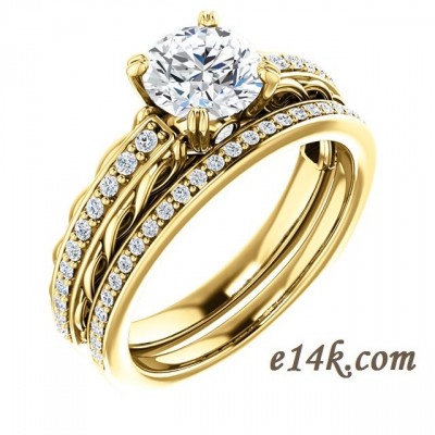 Solid 14k Gold Antique Inspired Filigree Style Round Brilliant Cut CZ Double Prong Engagement Ring