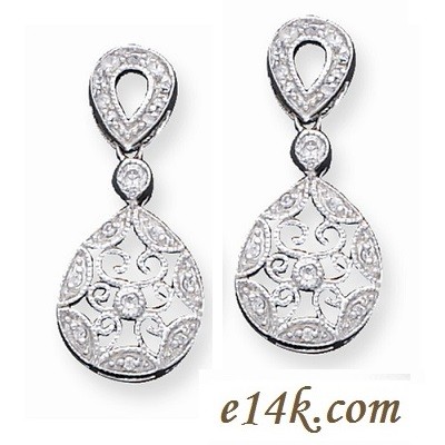 Solid Sterling Silver Antique Victorian Style Round Brilliant CZ Cubic Zirconia Dangle Earrings - Product Image