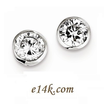 Solid Sterling Silver Round Brilliant CZ Studs Bezel Set Round Brilliant Cubic Zirconia Stud Earrings - Product Image