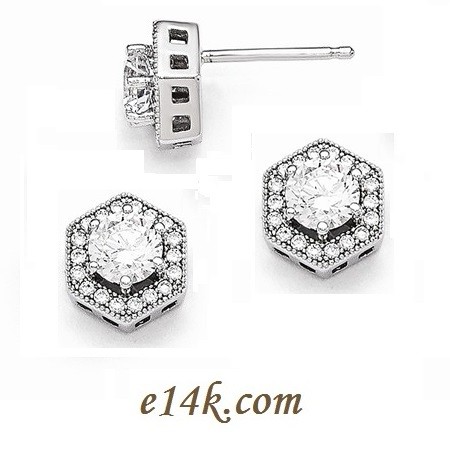 Solid Sterling Silver Round Brilliant CZ Studs Halo Round Brilliant Cubic Zirconia Stud Earrings - Product Image