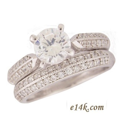 Sterling Silver 1 carat center CZ Cubic Zirconia Pave' Round Brilliant Side Stones Wedding Engagement Ring  - Product Image