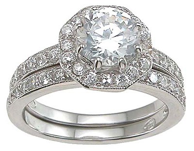 Sterling Silver 2.00 cttw Halo Style Round Brilliant Cubic Zirconia Solitaire Engagement Ring and Wedding band
