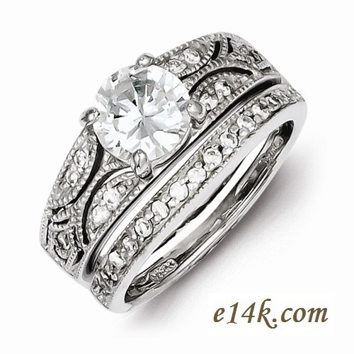 Sterling Silver 2.00cttw Fancy Antique Estate Style CZ Cubic Zirconia Engagement Ring & Wedding Band - Product Image