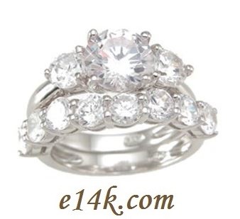 Sterling Silver 4cttw Round Brilliant Cut Russian CZ Three Stone Engagement Ring &amp; Wedding Band