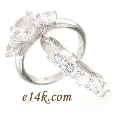 Sterling Silver 4cttw Round Brilliant Cut Russian CZ Three Stone Engagement Ring &amp; Wedding Band