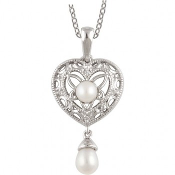 Sterling Silver Antique Style Pearl & Diamond Heart Dangle Pendant w/ Chain Sterling Silver Antique Style Pearl & Diamond Heart Dangle Pendant w/ Chain - Product Image