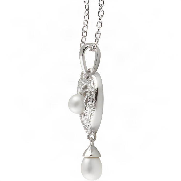 Sterling Silver Antique Style Pearl &amp; Diamond Heart Dangle Pendant w/ Chain