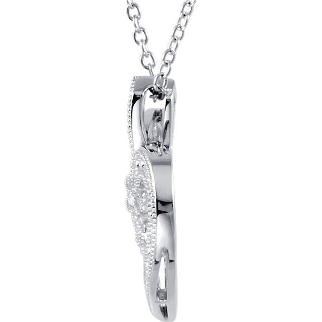 Sterling Silver Antique Vintage Fleur de lis Heart Diamond Pendant w/ Chain