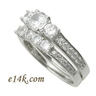 Sterling Silver CZ Cubic Zirconia Dainty 1.50 cttw 3 Stone Engagement Ring &amp; Matching Band