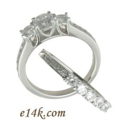 Sterling Silver CZ Cubic Zirconia Dainty 1.50 cttw 3 Stone Engagement Ring &amp; Matching Band