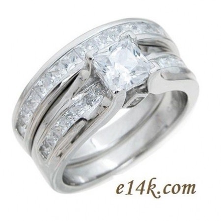 Sterling Silver Channel Set Princess Cut CZ Engagement Ring and Wedding Band Cubic Zirconia Ring