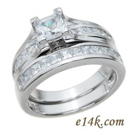 Sterling Silver Channel Set Princess Cut CZ Engagement Ring and Wedding Band Cubic Zirconia Ring