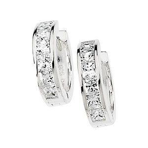 Sterling Silver Huggie Hoop Princess Cut or Round Russian CZ Earrings  - Product Image