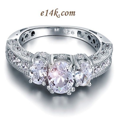 Sterling Silver 3.25cttw Oval Antique Inspired Three Stone Engagement Ring