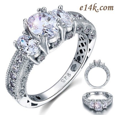 Sterling Silver 3.25cttw Oval Antique Inspired Three Stone Engagement Ring